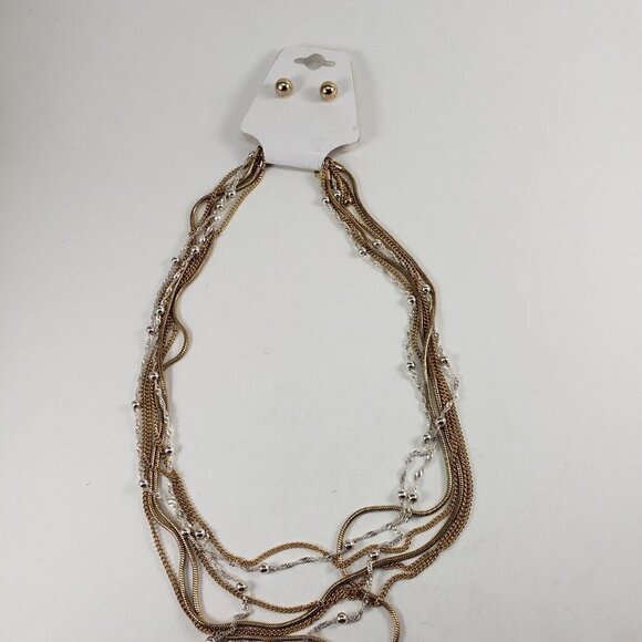 Multi-Strand Gold & Silver Dual-Tone Necklace with Matching Gold Stud Earrings - Picture 10 of 10